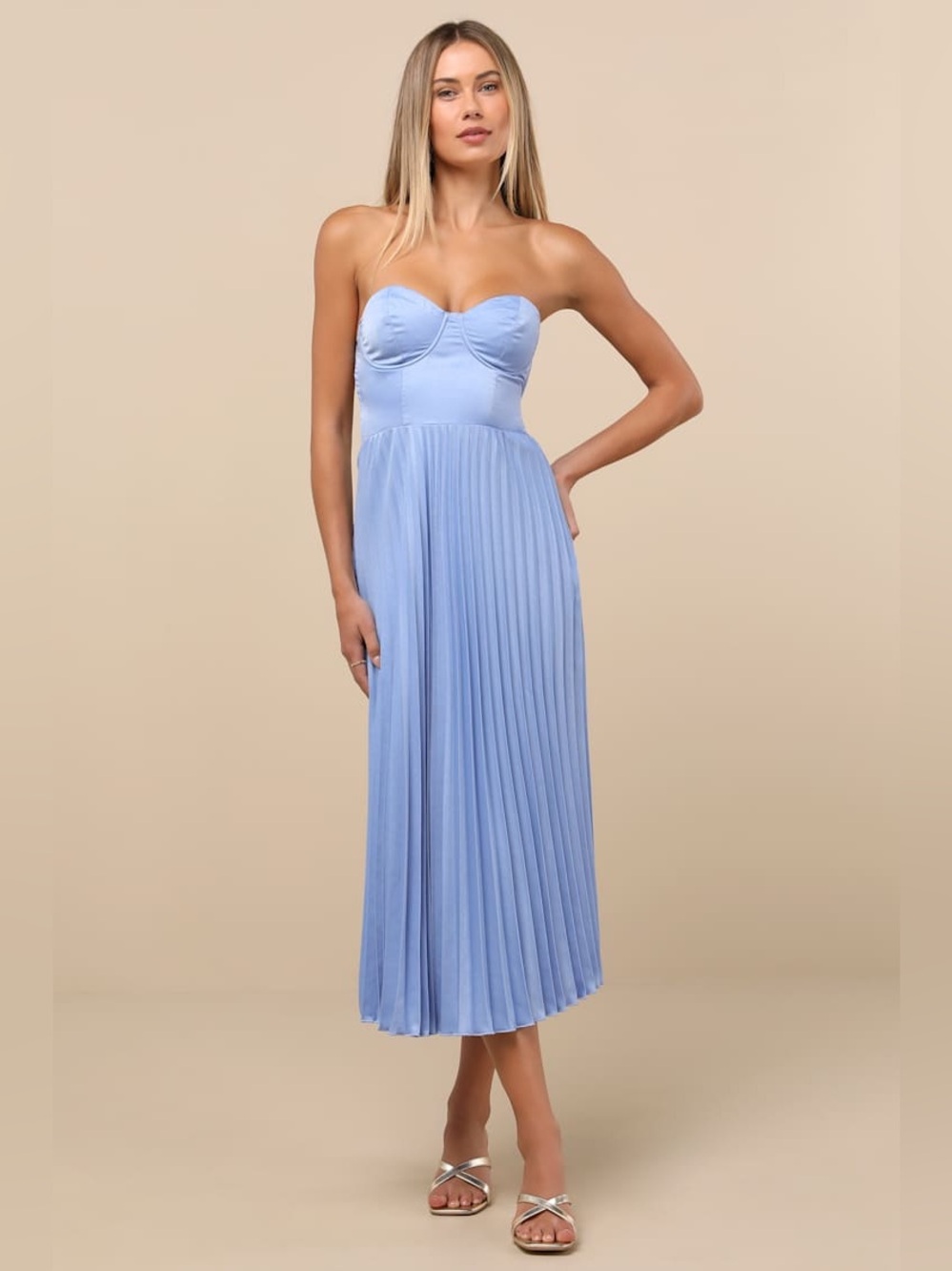 LULU’S Irelyn Dusty Blue Satin Bustier Midi Dress - Picture 4 of 6